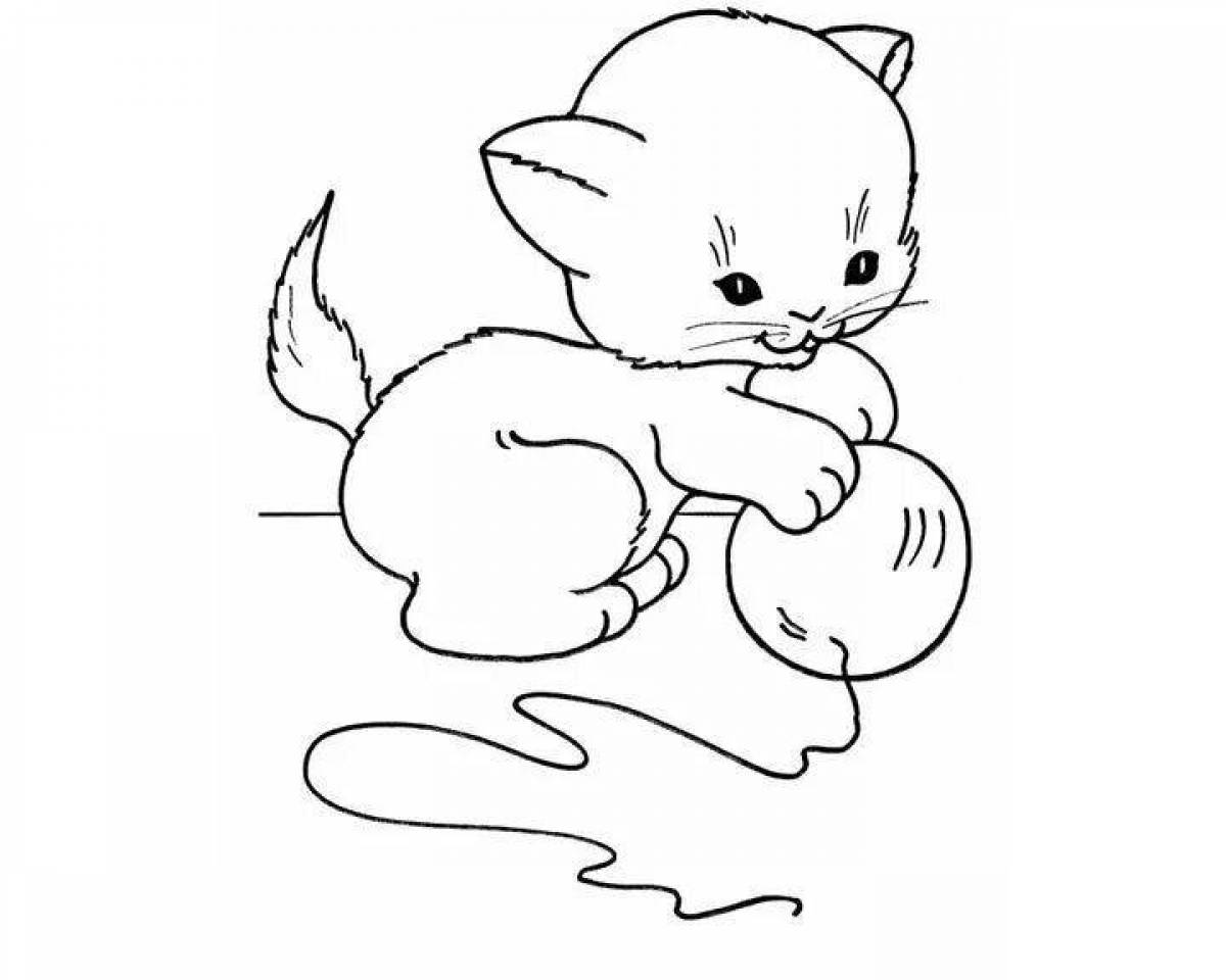 Раскраска возбужденный кот с мячиком