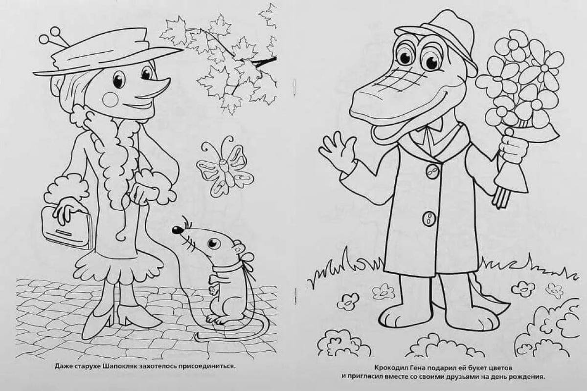 Coloring book playful cheburashka and crocodile
