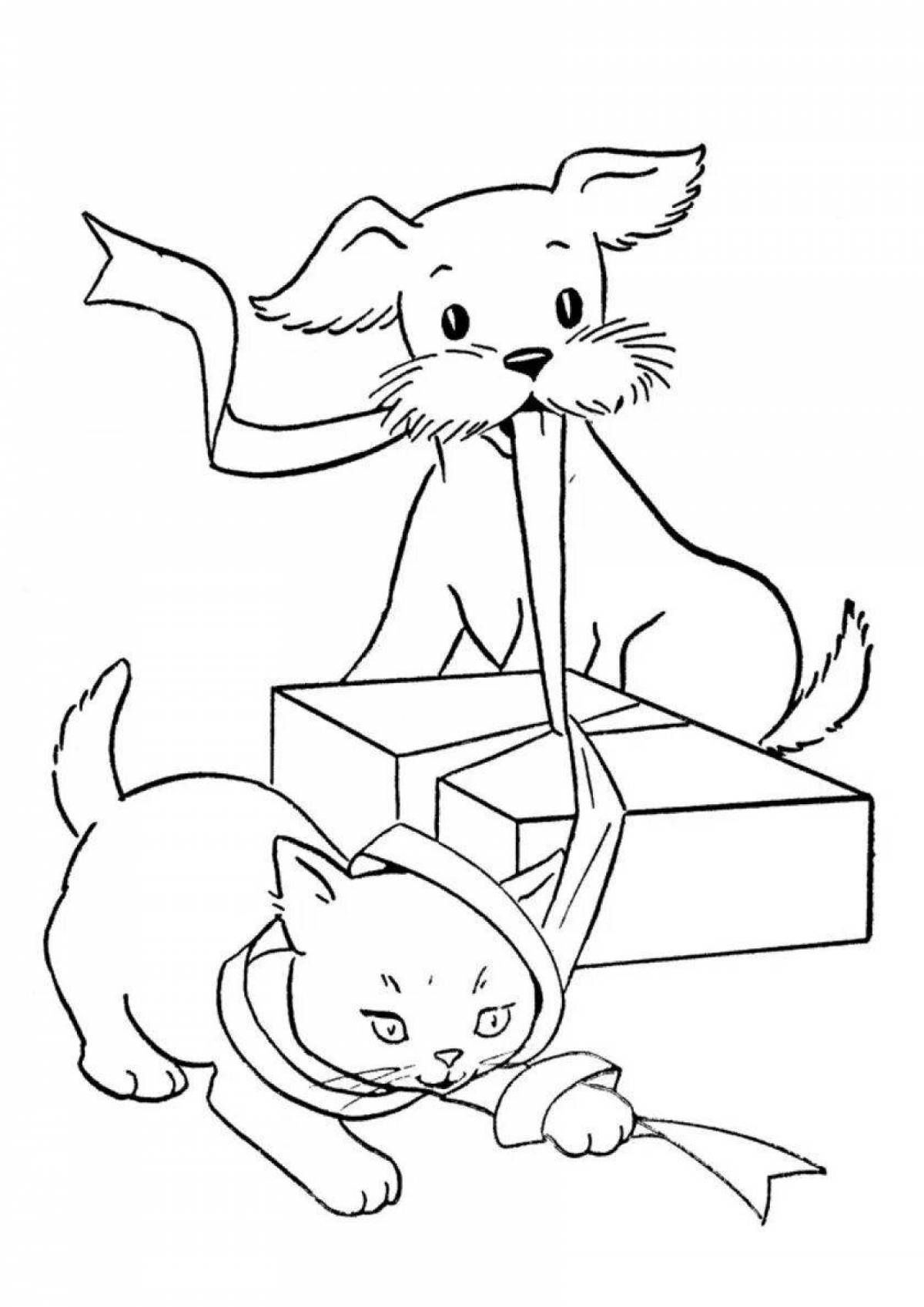 Joyful dog and cat coloring page