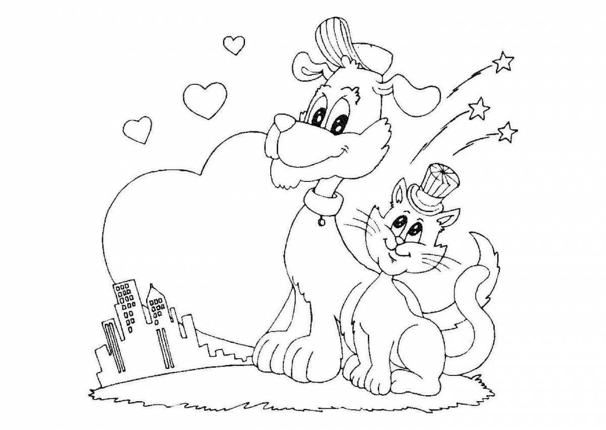 Coloring page friendly dog ​​and cat