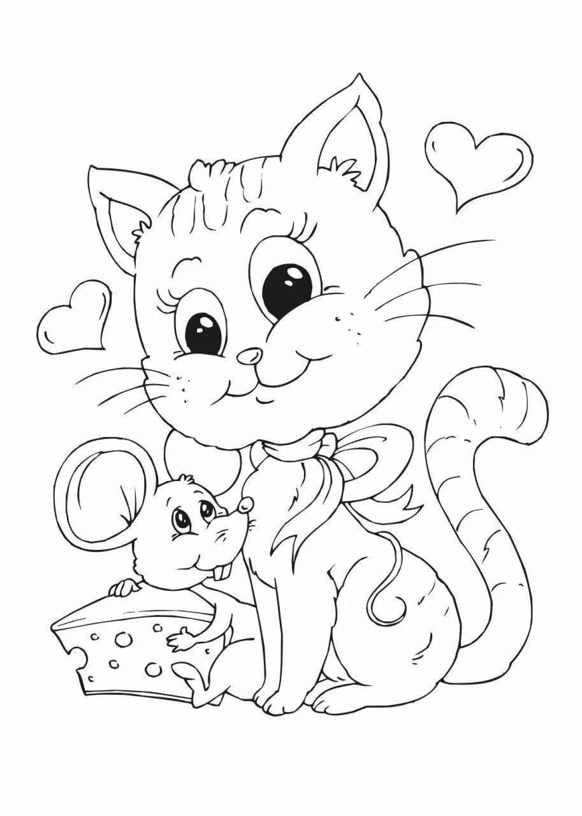 Озорная кошка и мышь раскраска