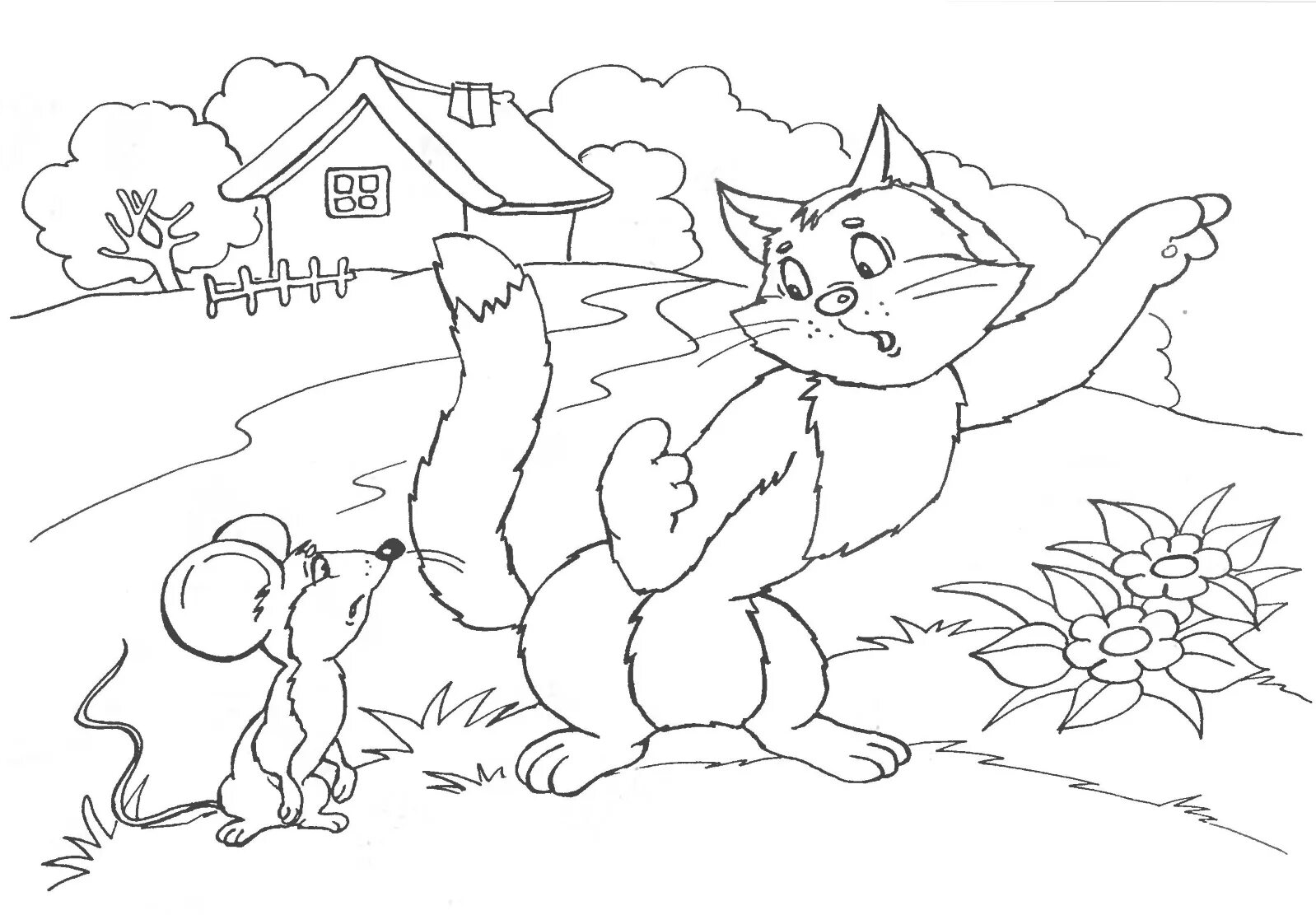 Coloring page funny cat and mouse