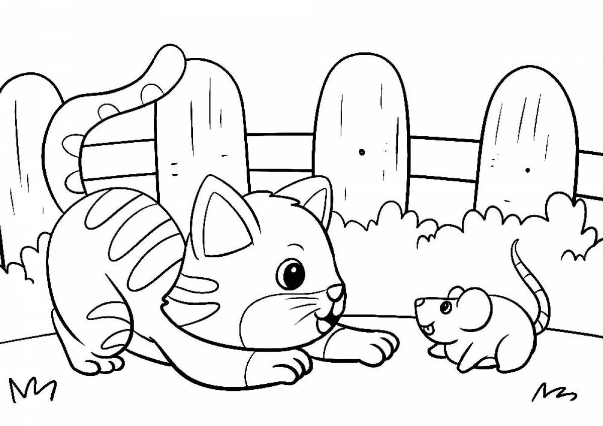 Coloring book shining cat and mouse