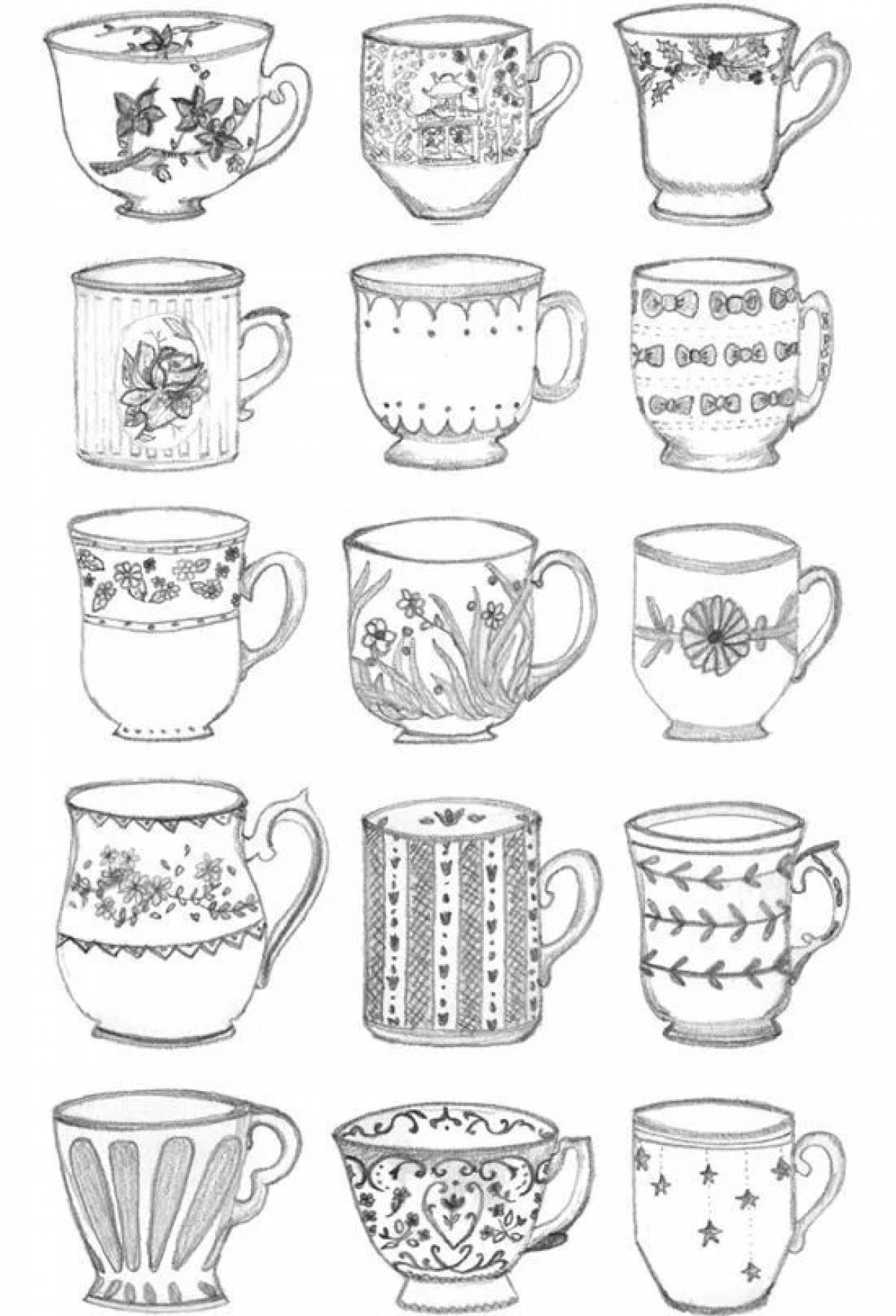 Decorative mugs and cups coloring book