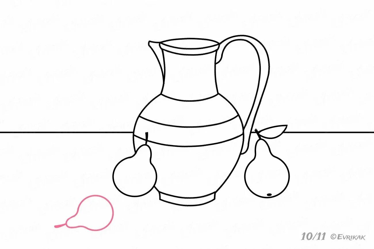 Красочная кружка-натюрморт с яблоком и грушей