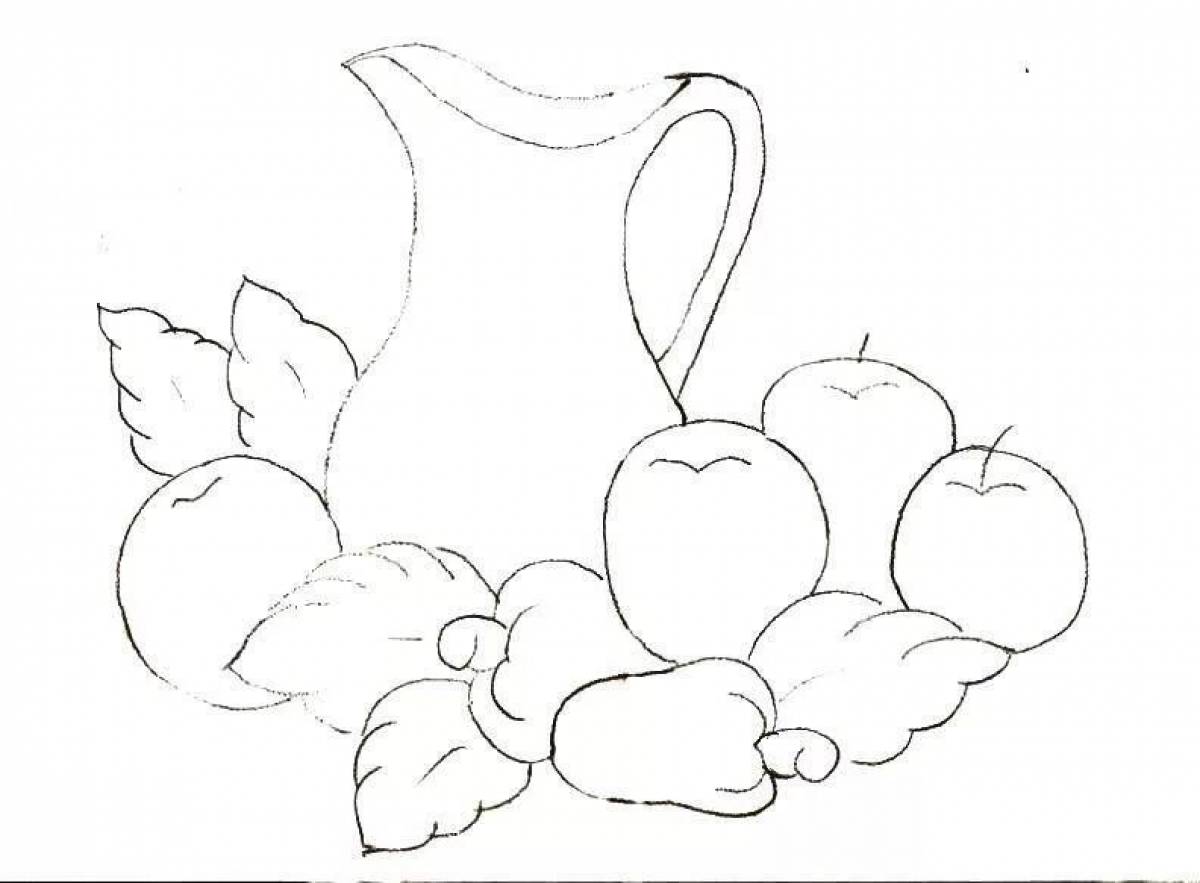Цветная кружка с натюрмортом, яблоком и грушей
