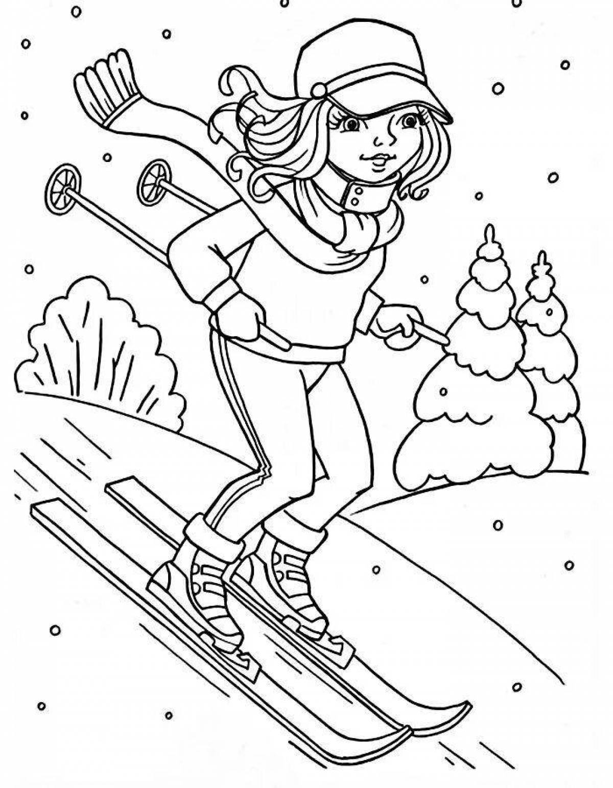 Sparkly coloring book for kids winter sports
