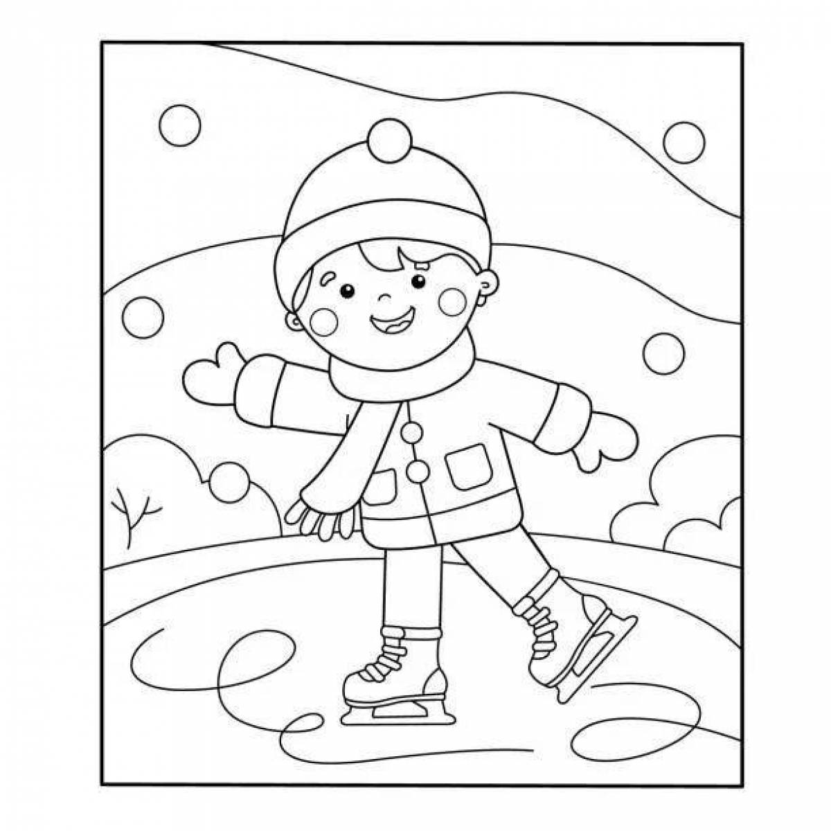 Energetic coloring book for kids winter sports