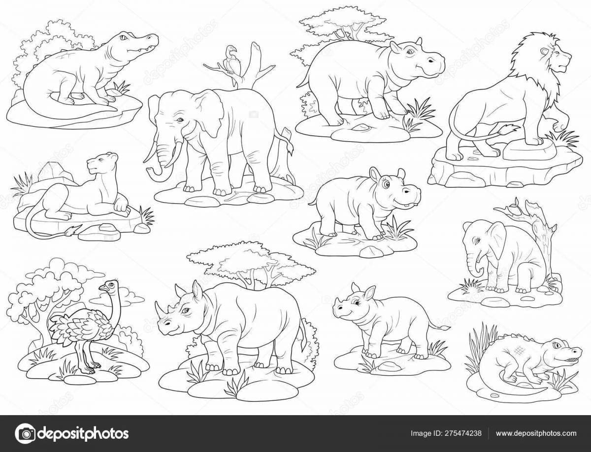 Coloring page of wild animals and their babies during the game