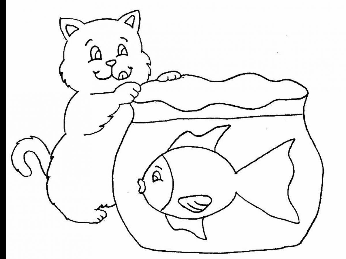 Раскраска котик с рыбкой