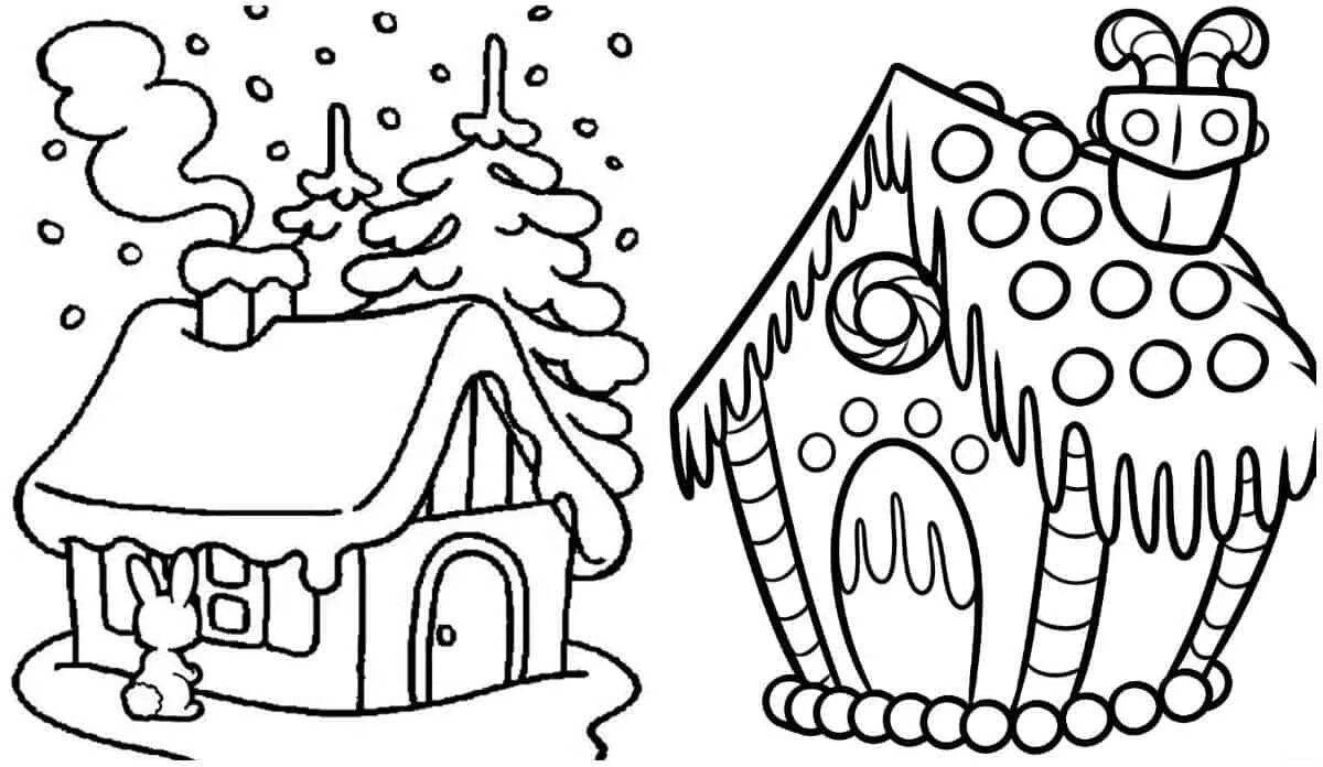 Idyllic winter hut coloring page