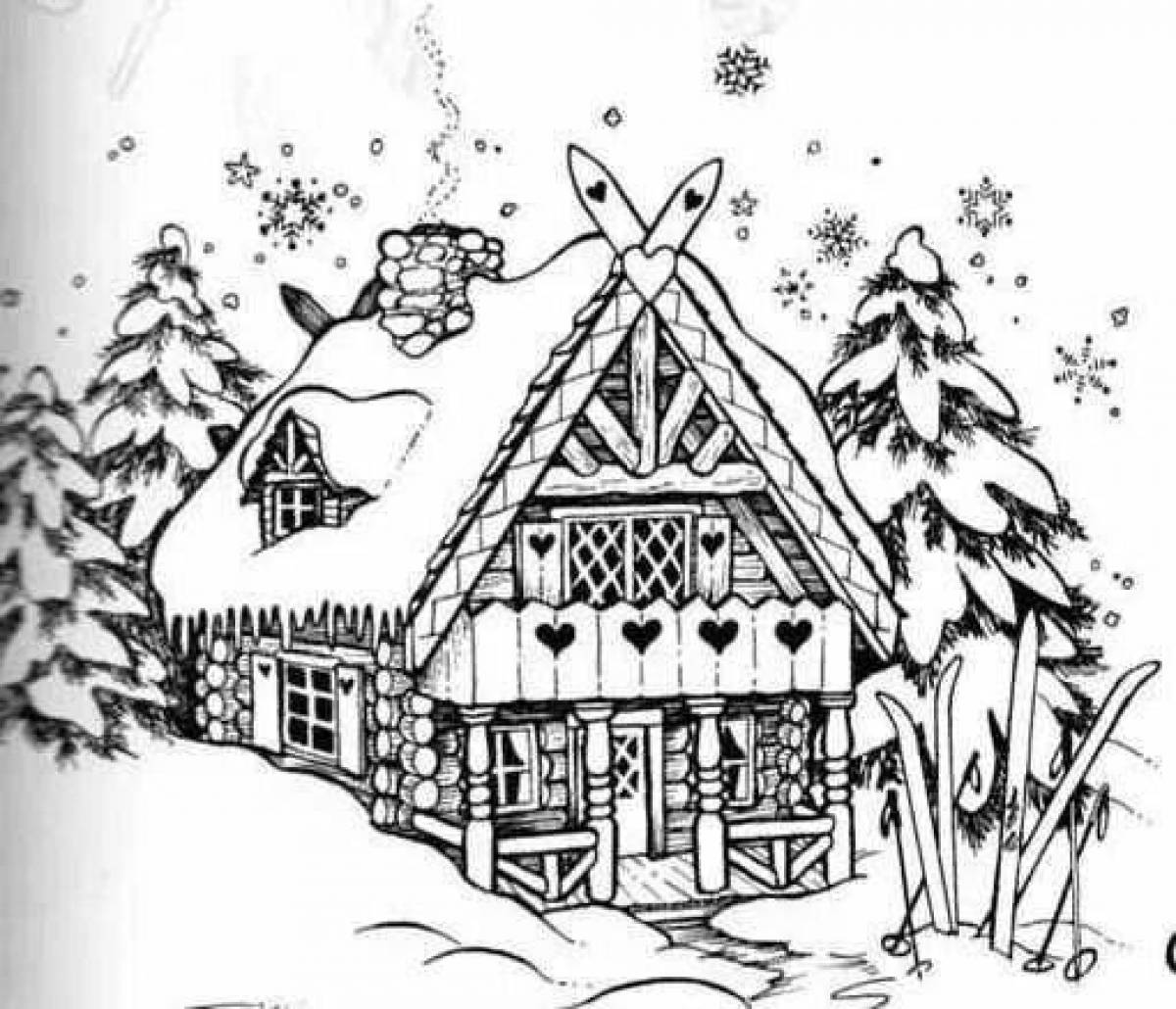 Colouring peaceful winter hut
