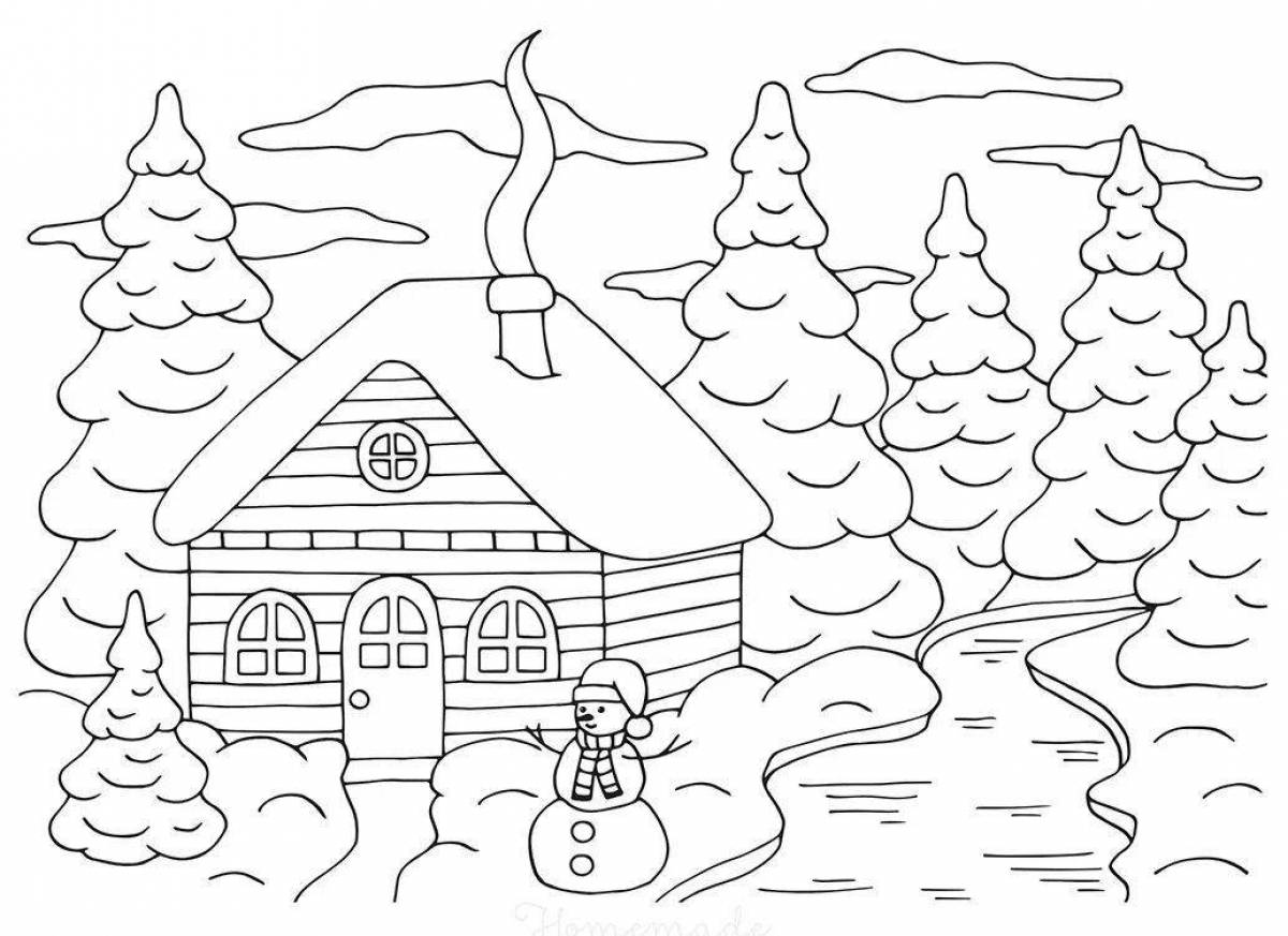 Coloring page picturesque winter hut