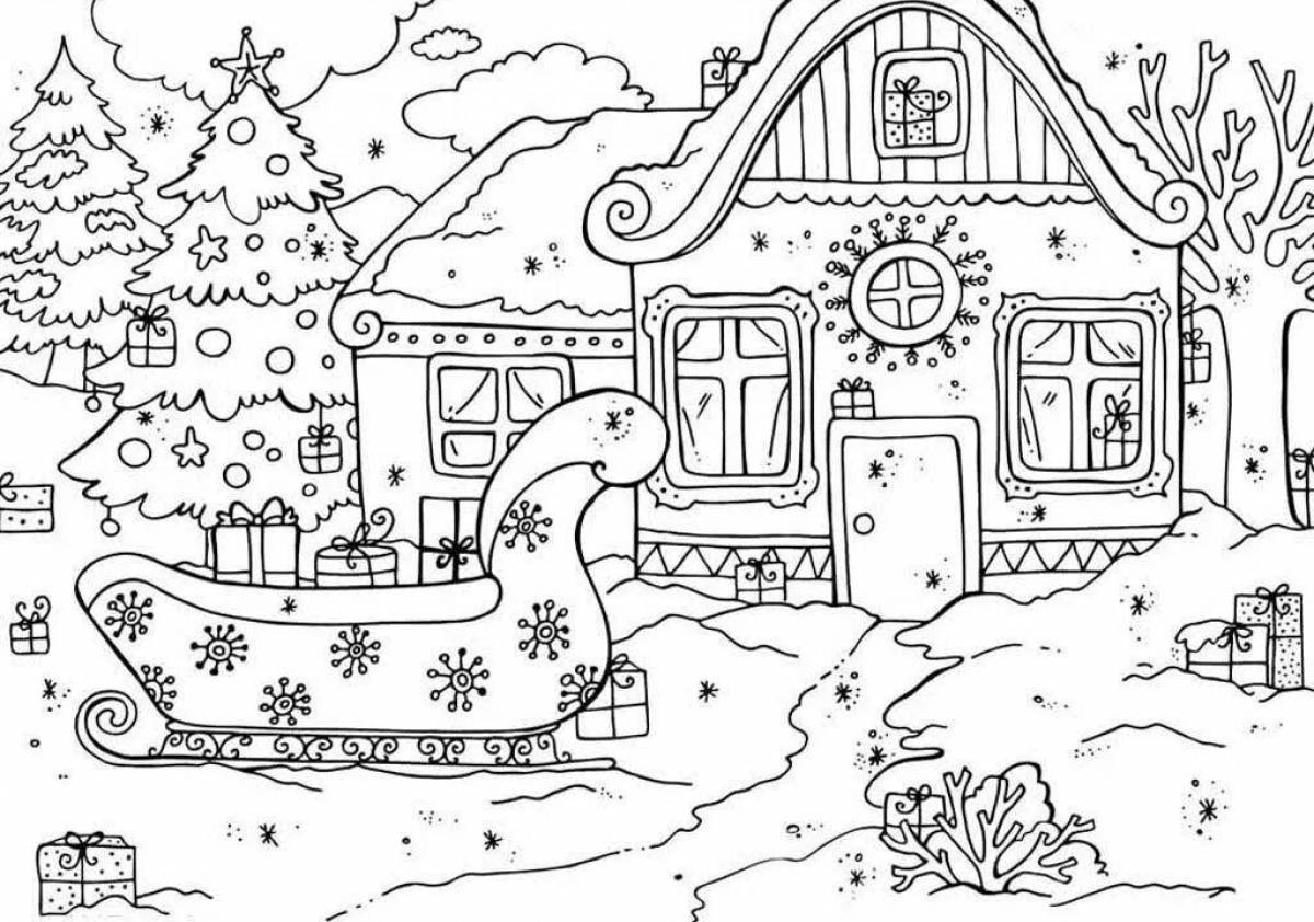Sunny winter hut coloring page
