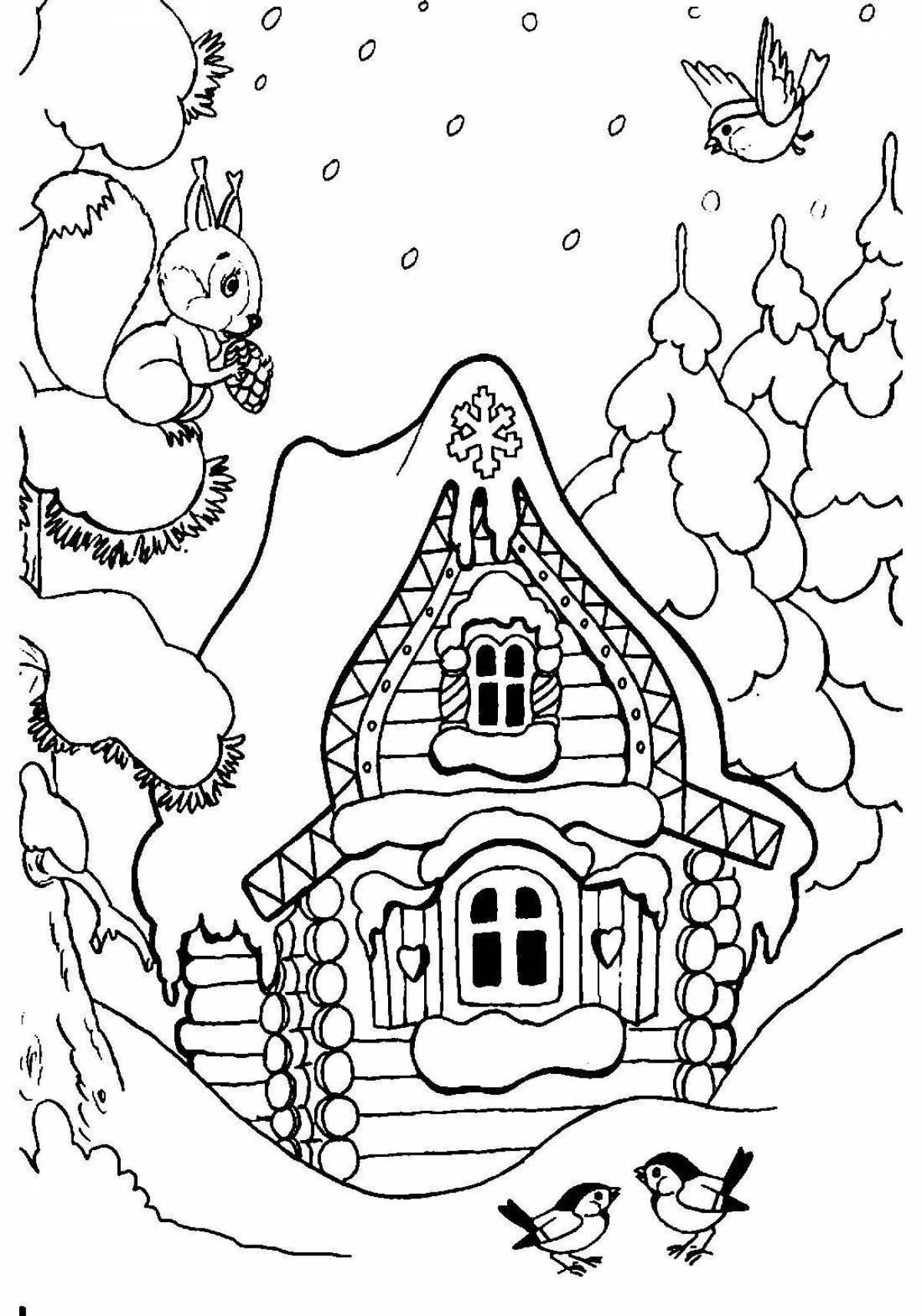 Humorous winter hut coloring book