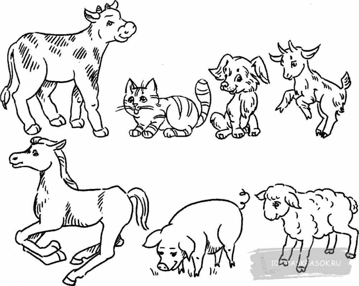 Adorable coloring book pets and their babies