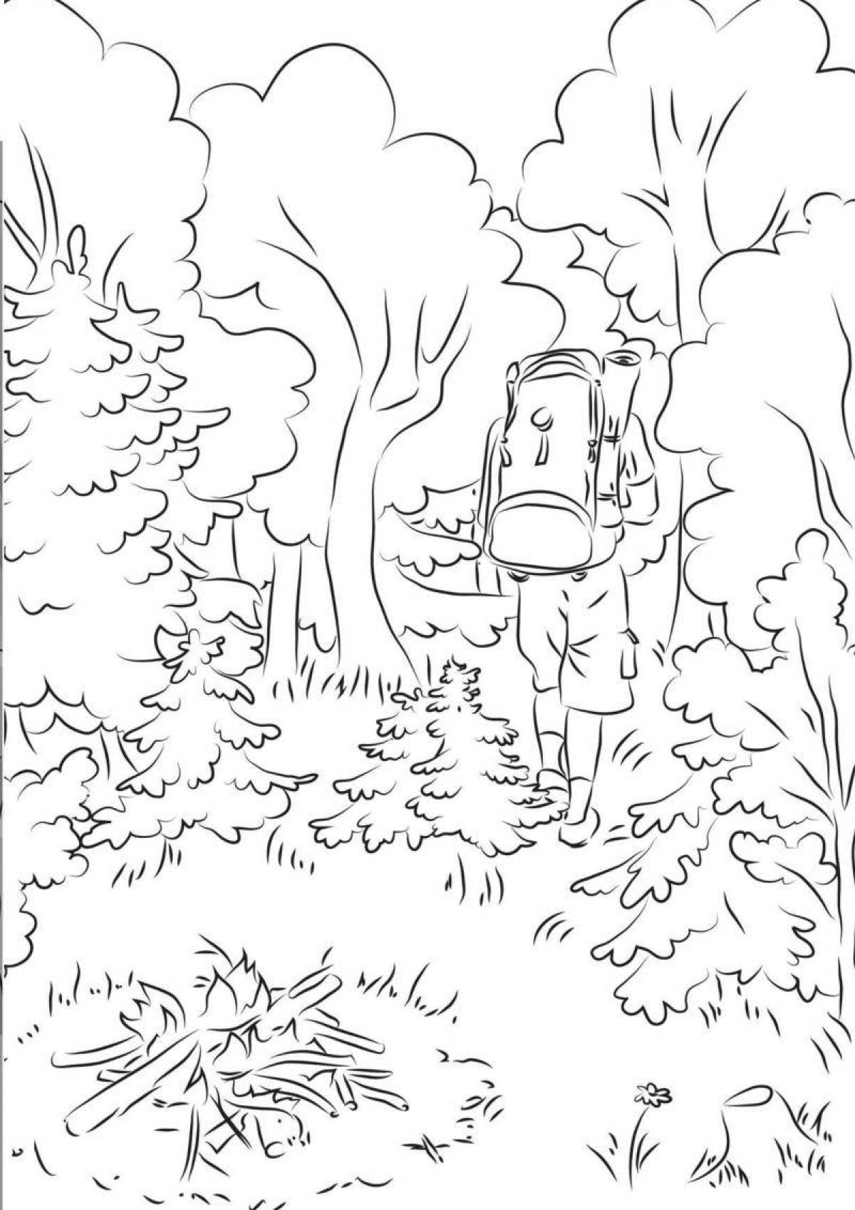 Smoldering fire in the forest coloring page