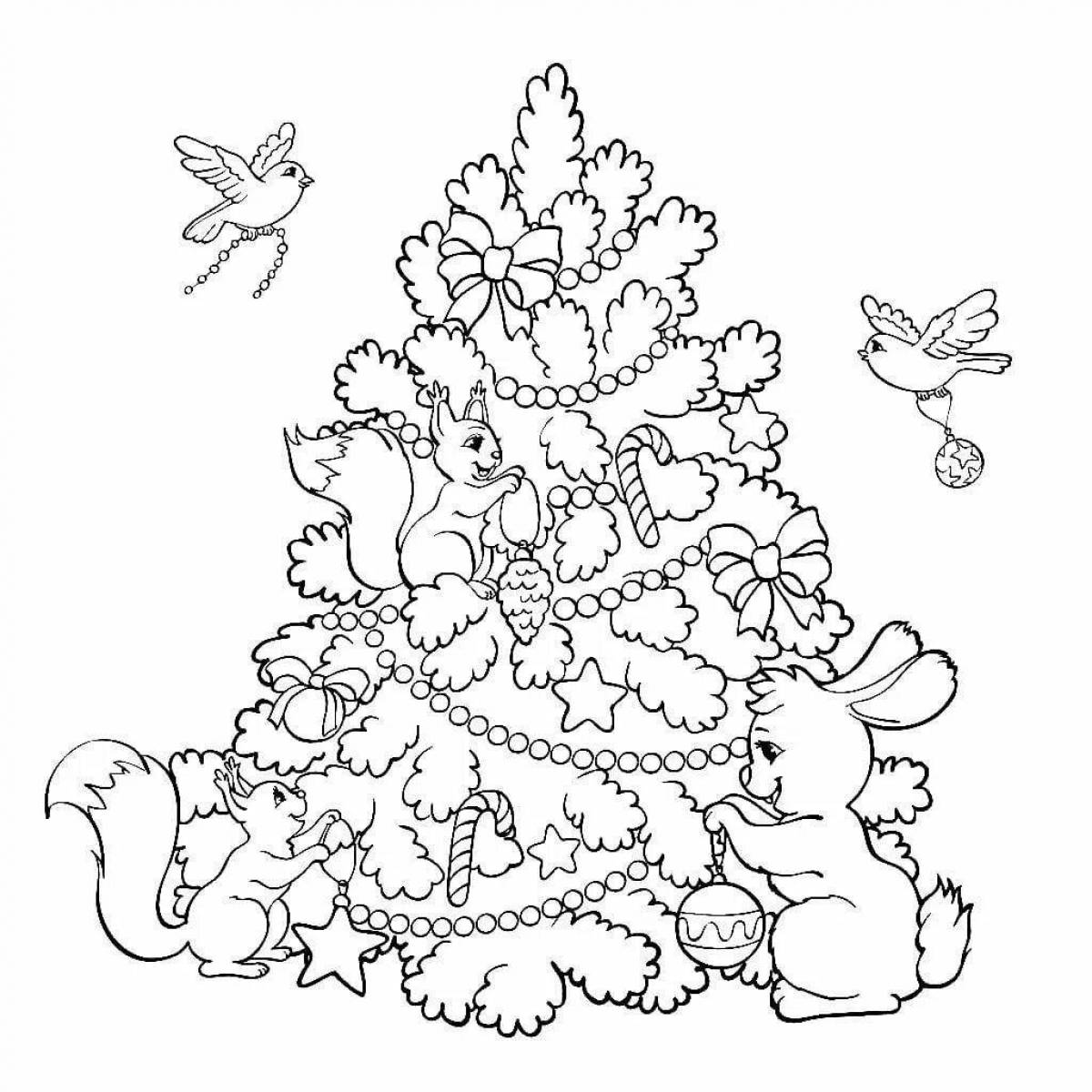 Coloring page joyful christmas tree and rabbit