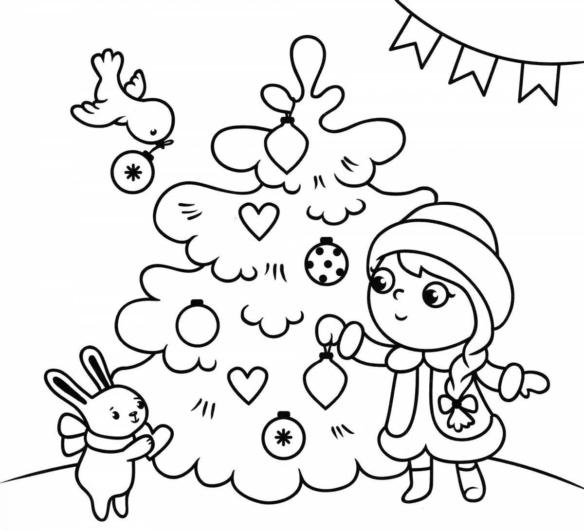 Coloring book festive Christmas tree and rabbit