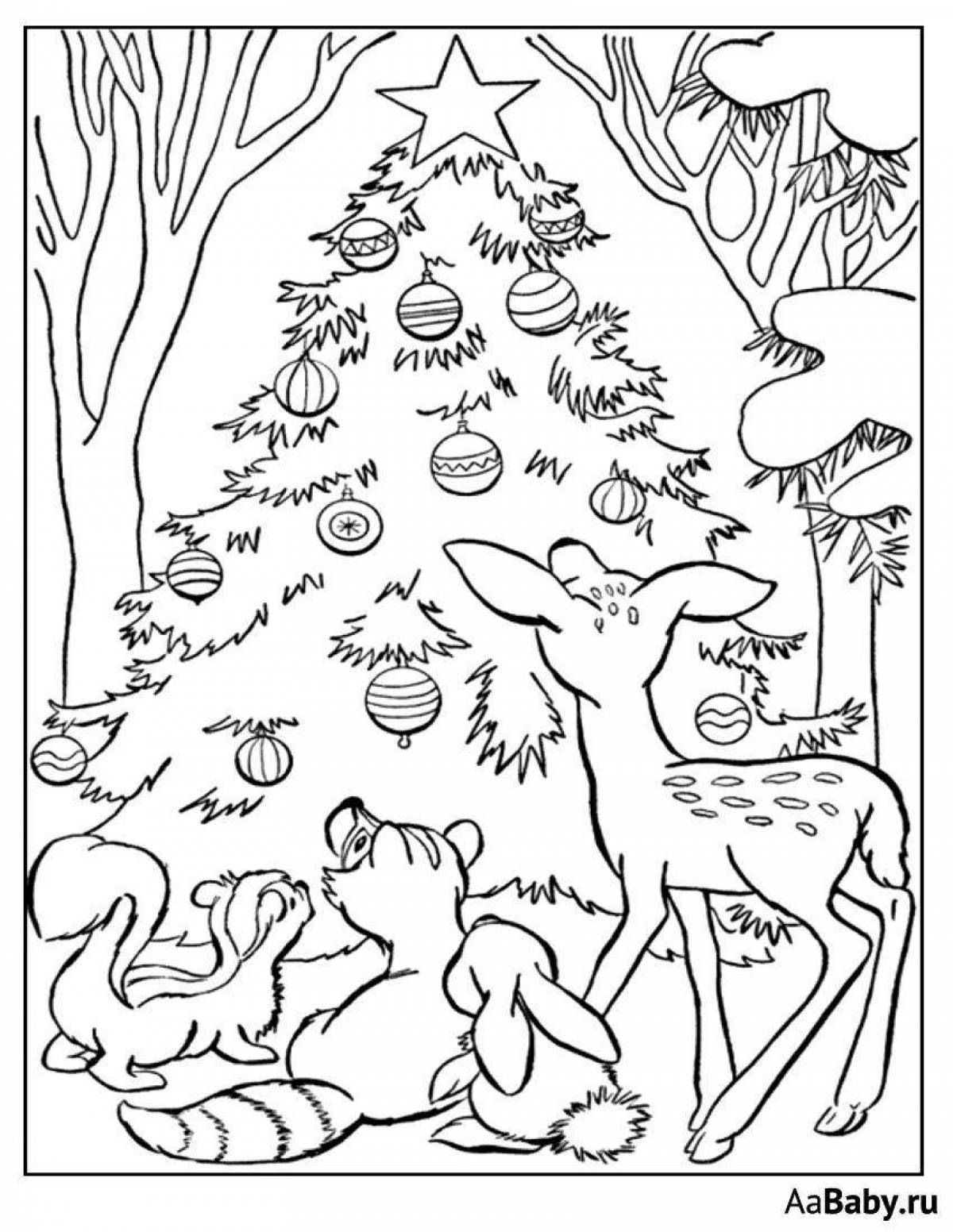 Bright christmas tree and bunny coloring page