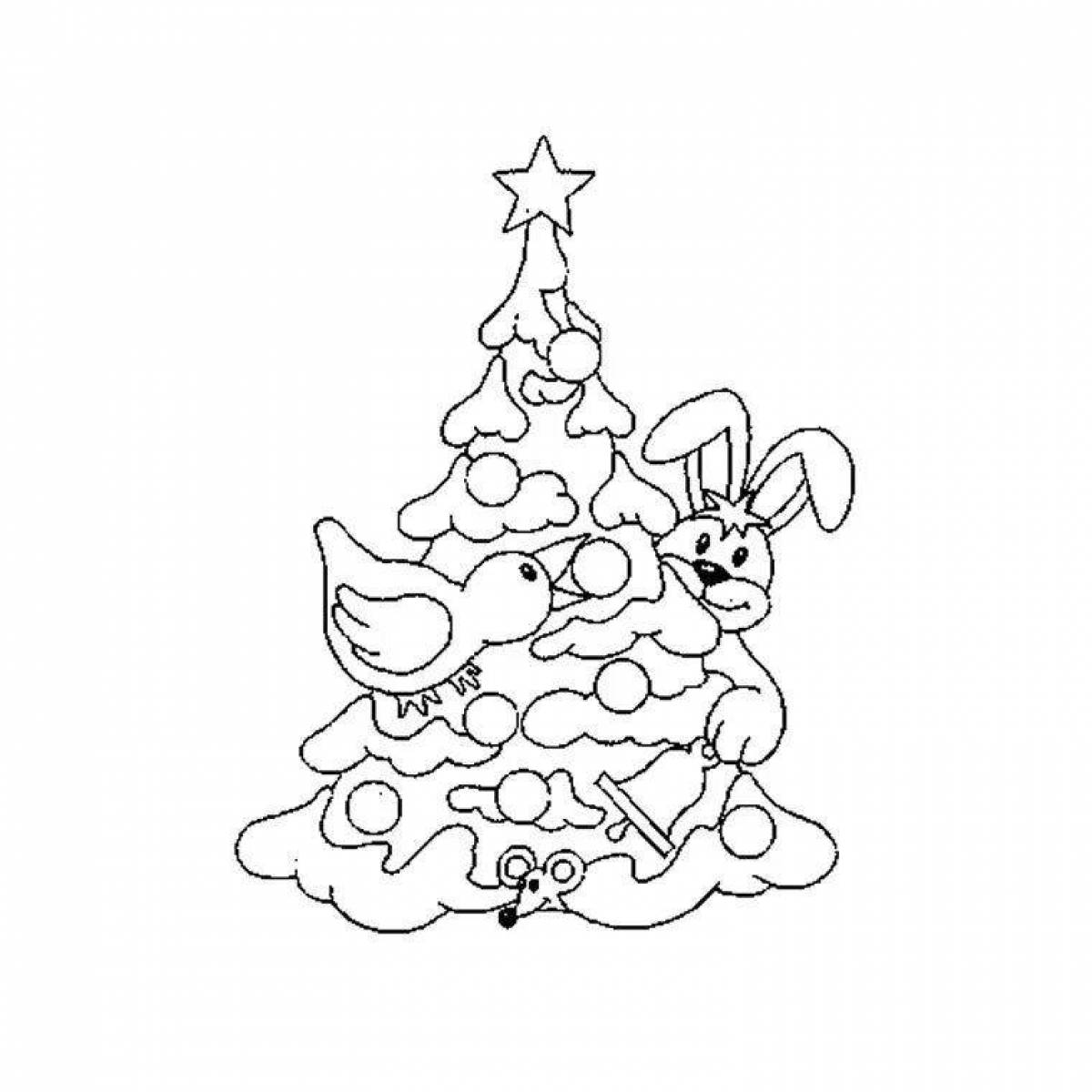 Coloring book bright Christmas tree and rabbit