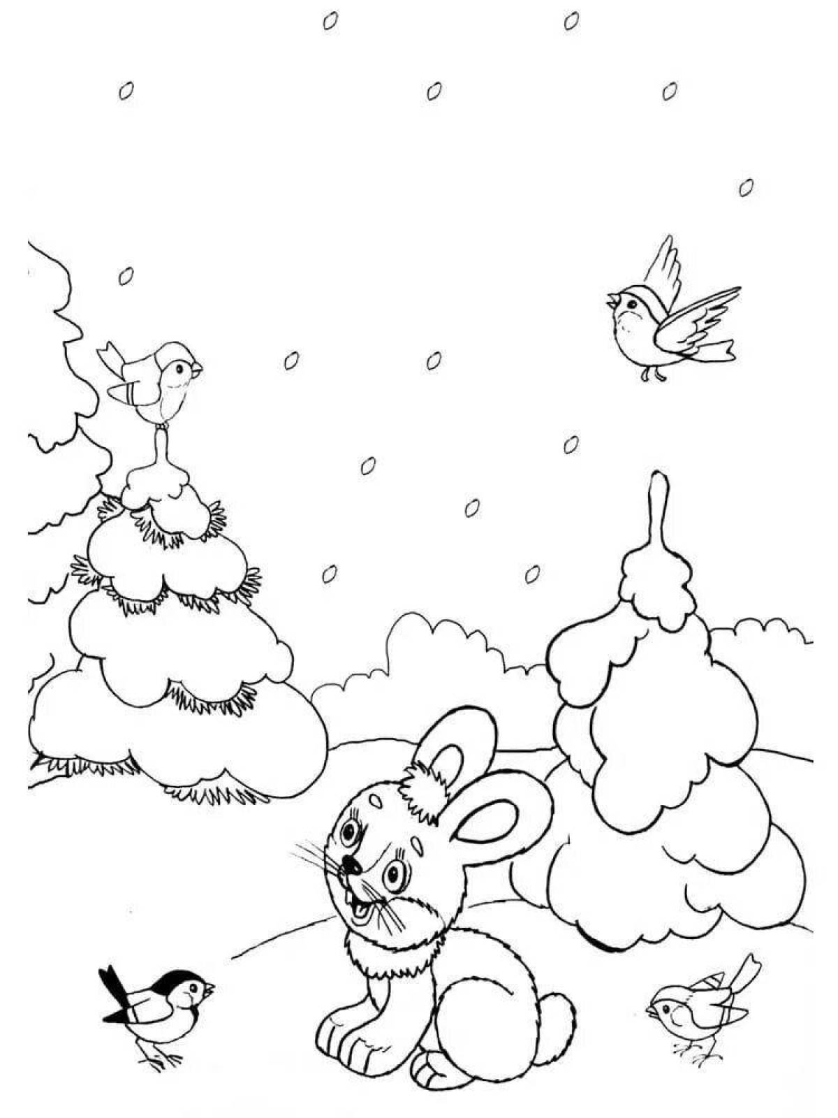 Coloring book glowing Christmas tree and rabbit