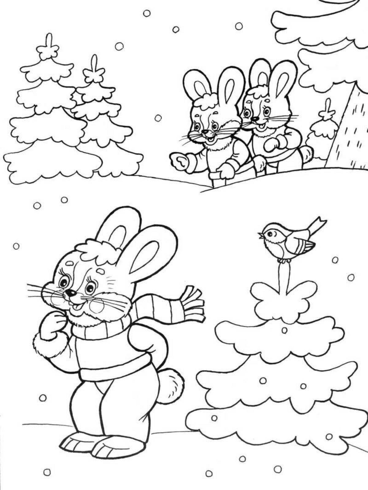 Игривая новогодняя елка и раскраска кролика