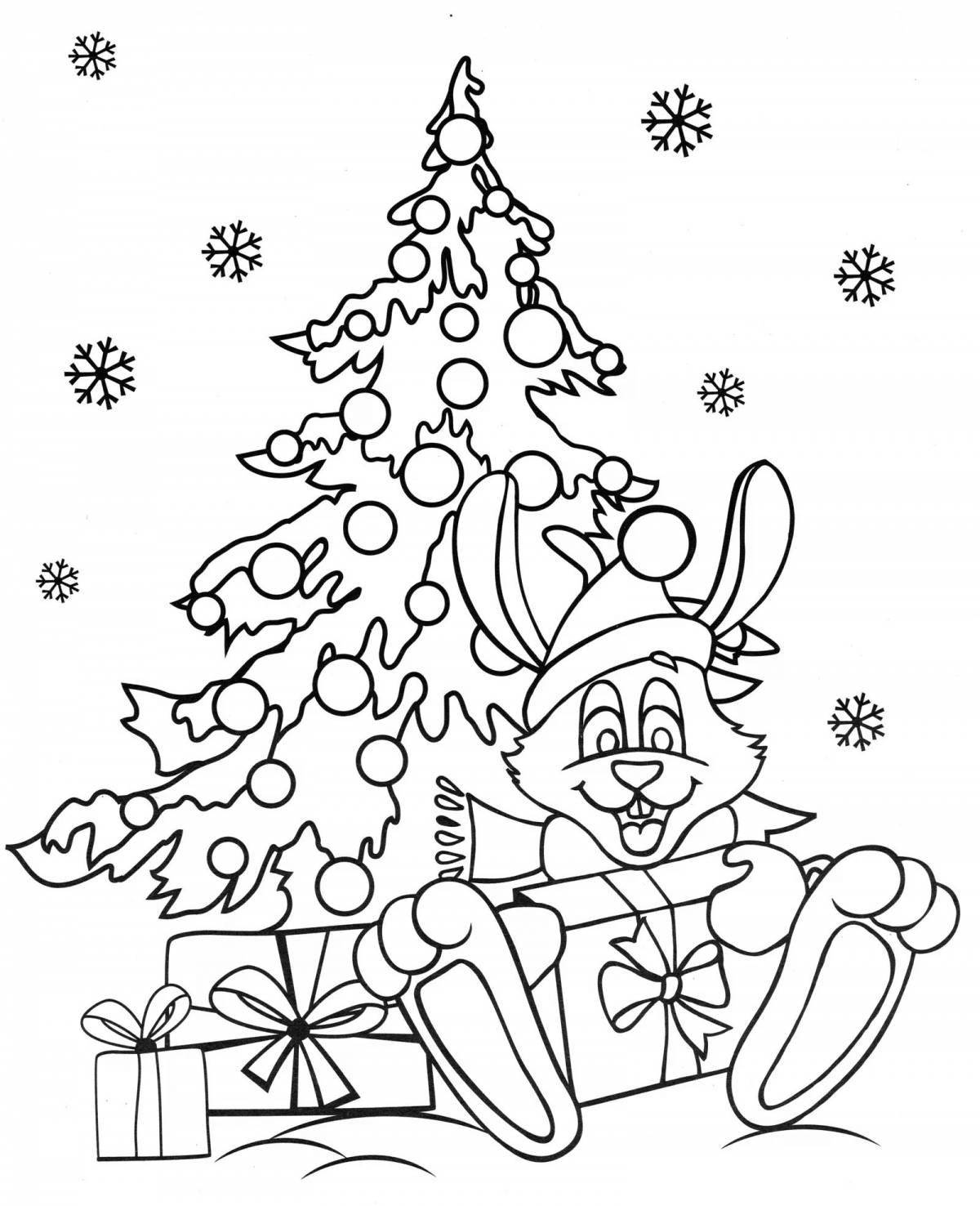Очаровательная новогодняя елка и раскраска кролика