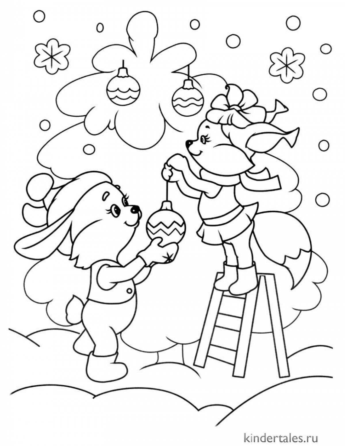 Волшебная рождественская елка и раскраска кролика
