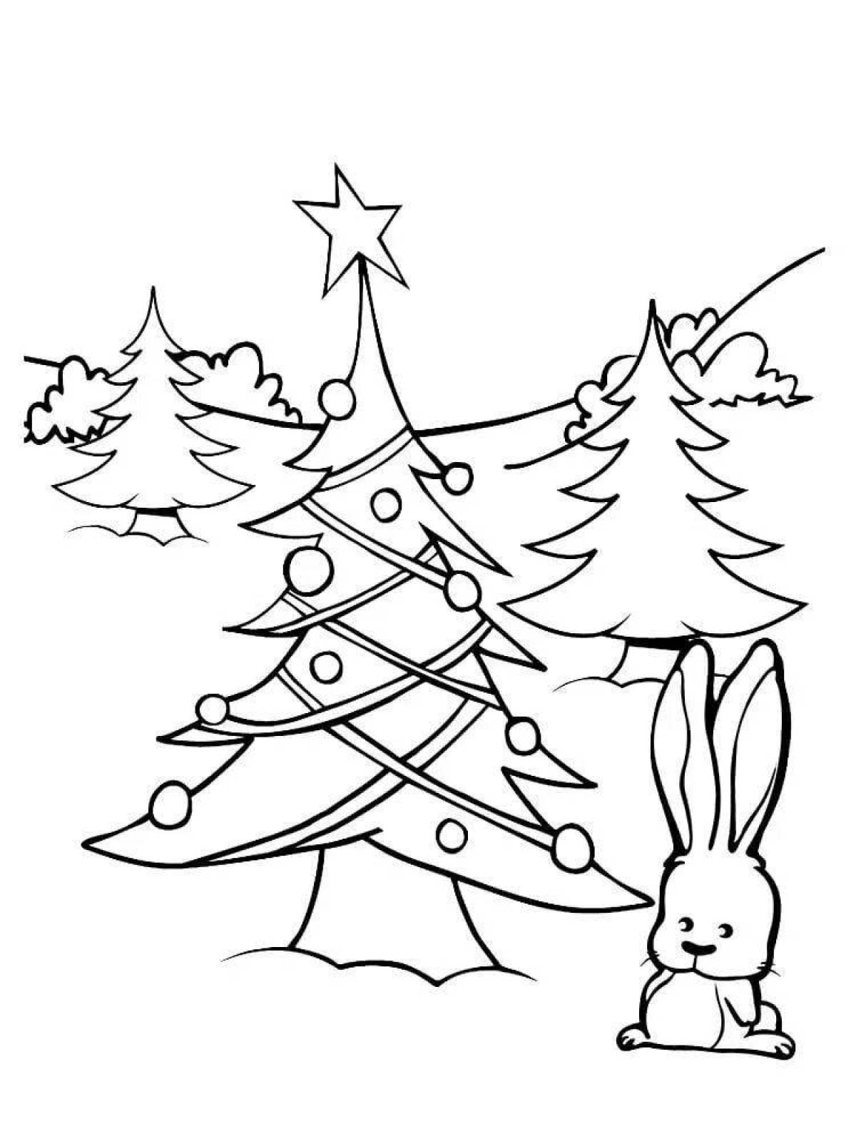 Радостная новогодняя елка и раскраска кролика