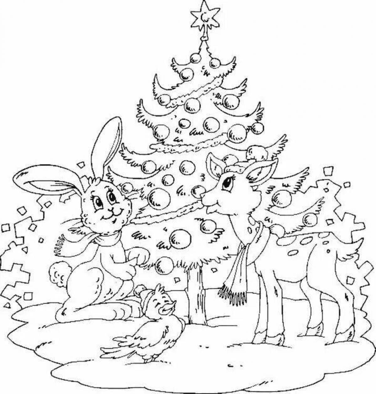 Великолепная новогодняя елка и раскраска кролика