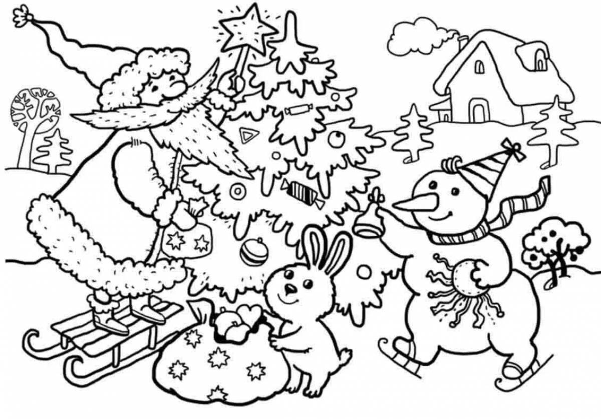 Funny christmas tree and rabbit coloring book