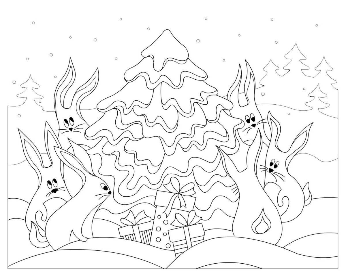 Fancy Christmas tree and rabbit coloring book