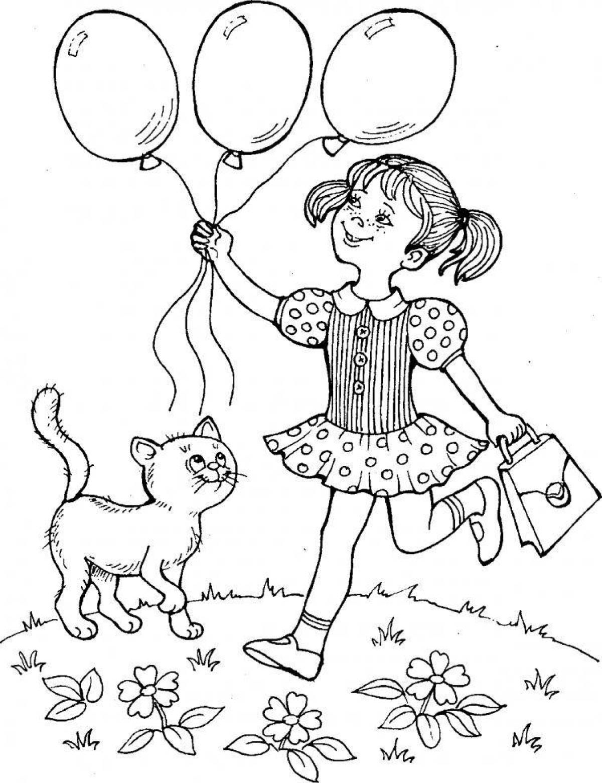Удовлетворенная раскраска девушка с воздушными шарами