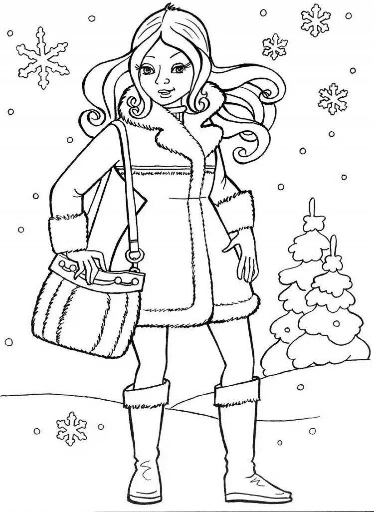 Раскраски Девушка, Раскраска Девушка в зимнем одежде зимняя одежда.