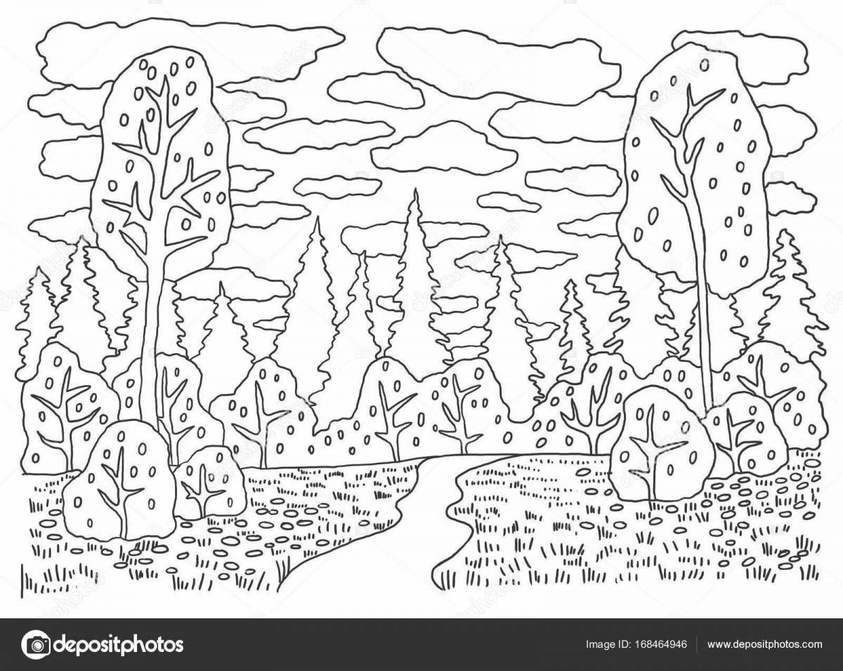 Coloring book inviting autumn forest