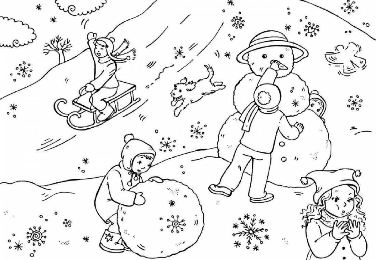 Очаровательная раскраска зимние игры для детей