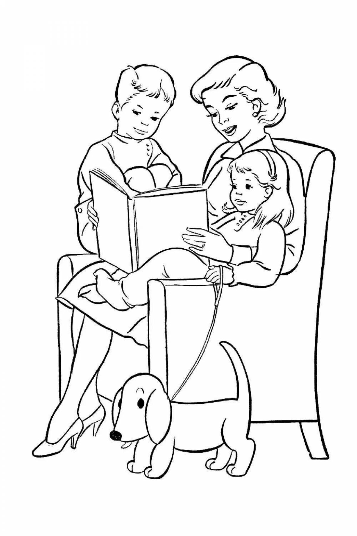 Coloring page cheerful mom and baby