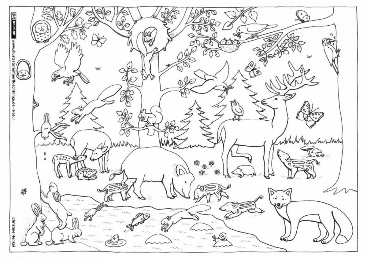 Игривая раскраска животные в лесу