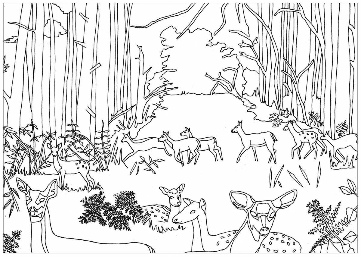 Безмятежная раскраска животные в лесу
