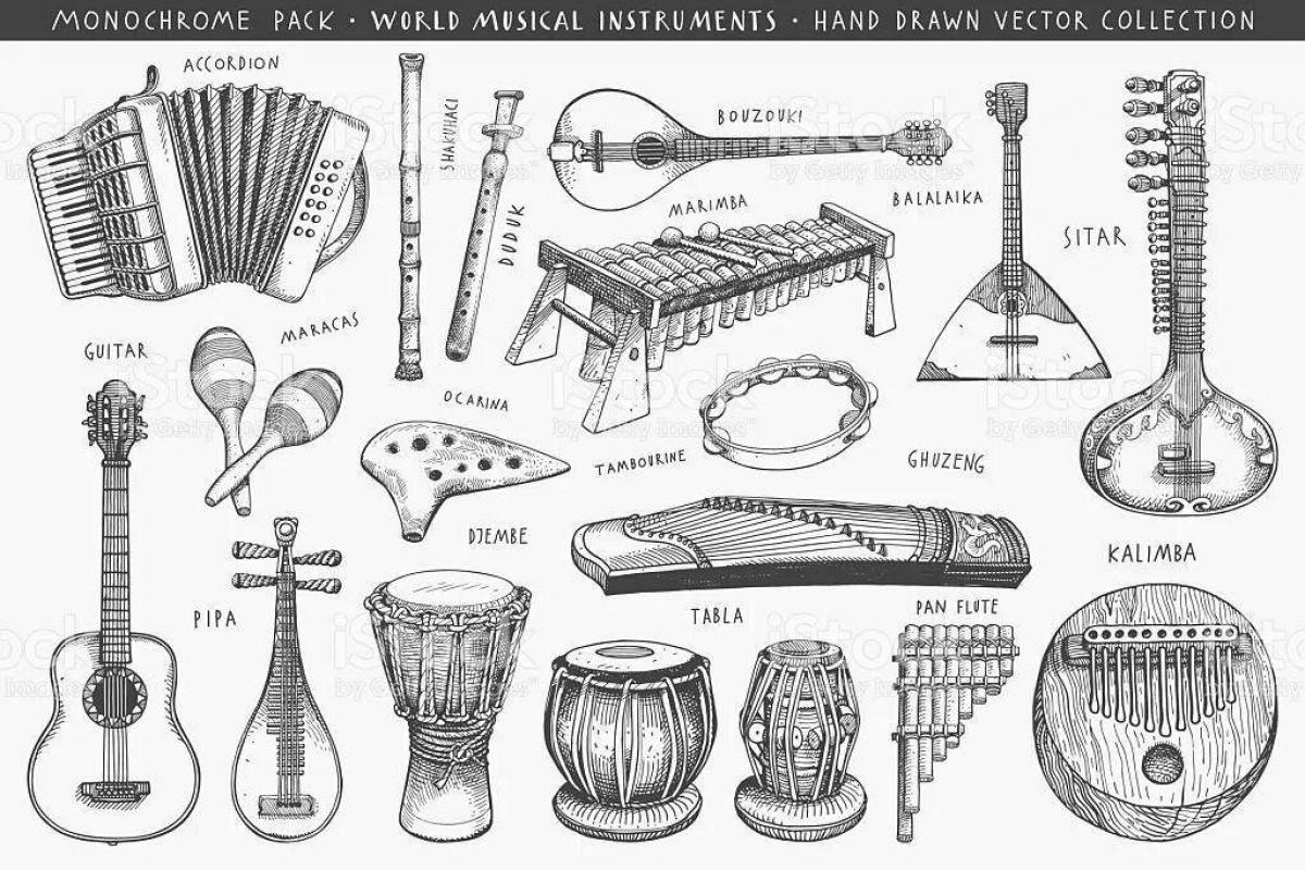 Exciting coloring of folk musical instruments