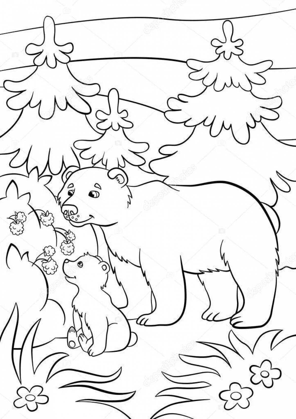 Joyful bear in the forest coloring book