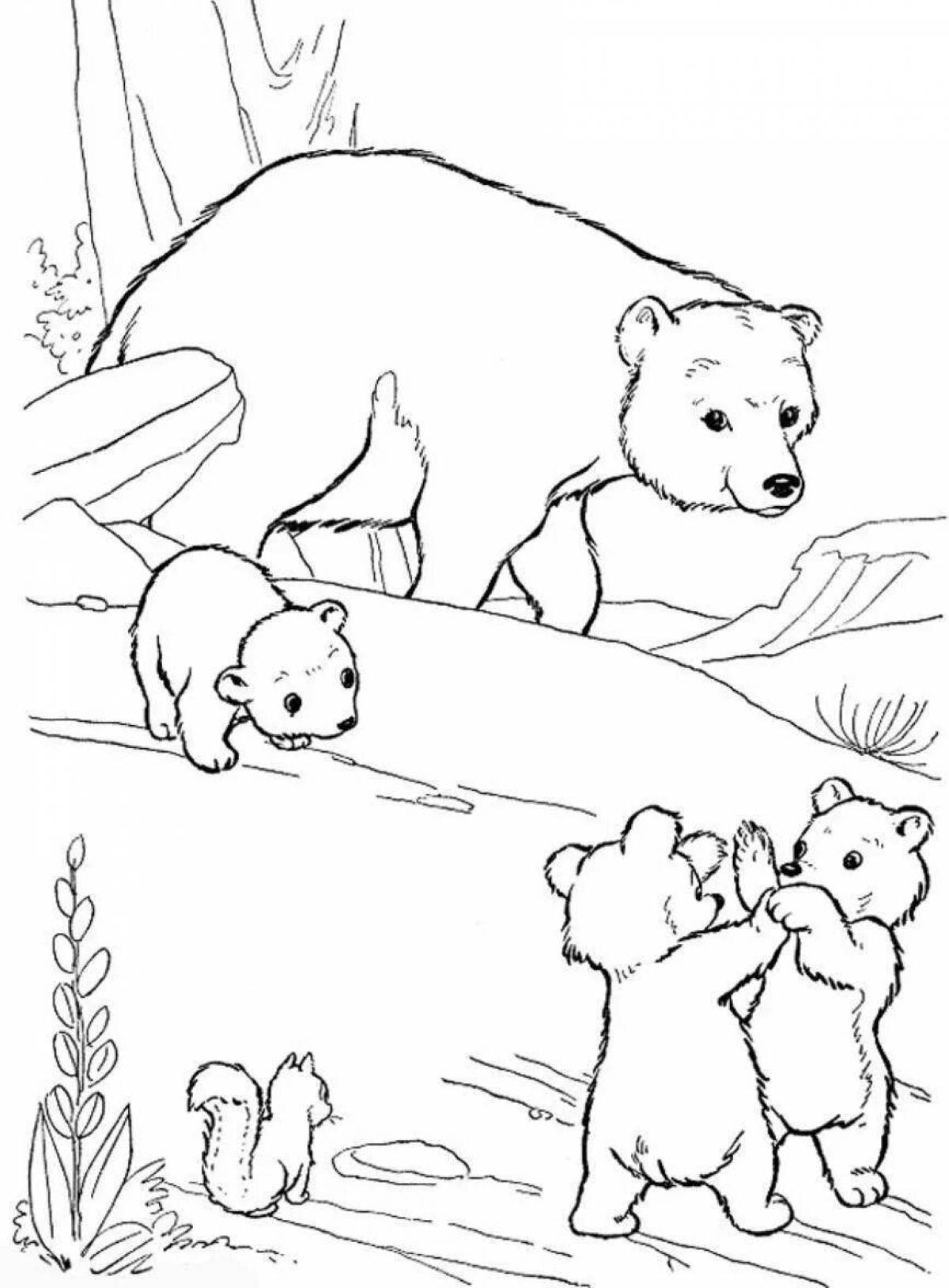 Relaxed bear in the forest coloring book