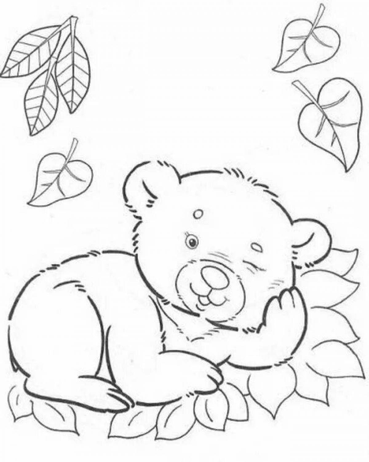Coloring book mischievous bear in the forest