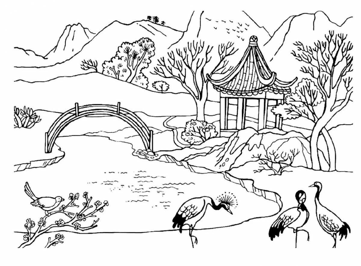 Спокойная раскраска японский сад 4 класс