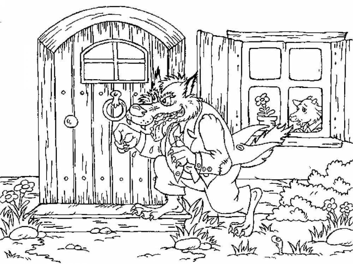 Coloring book playful wolf and seven kids