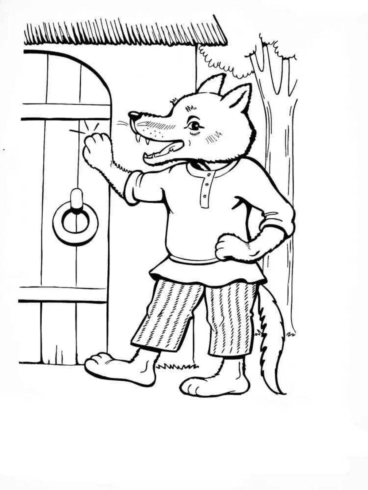 Coloring book funny wolf and seven kids