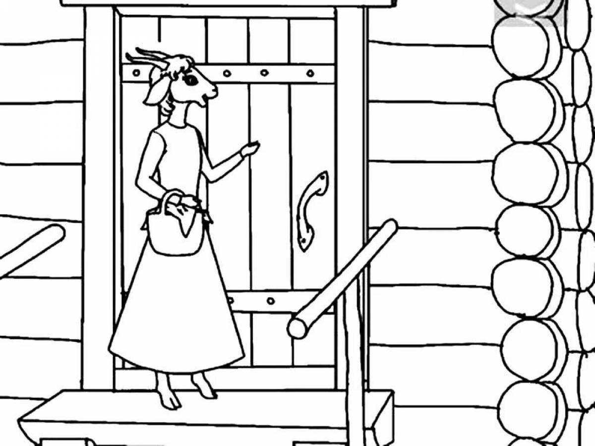 Fancy wolf and seven kids coloring page