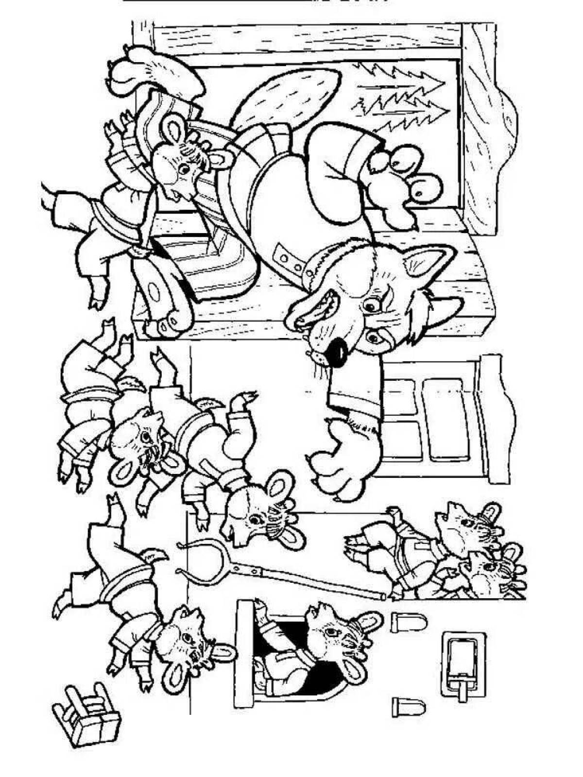 Comic wolf and seven children coloring pages