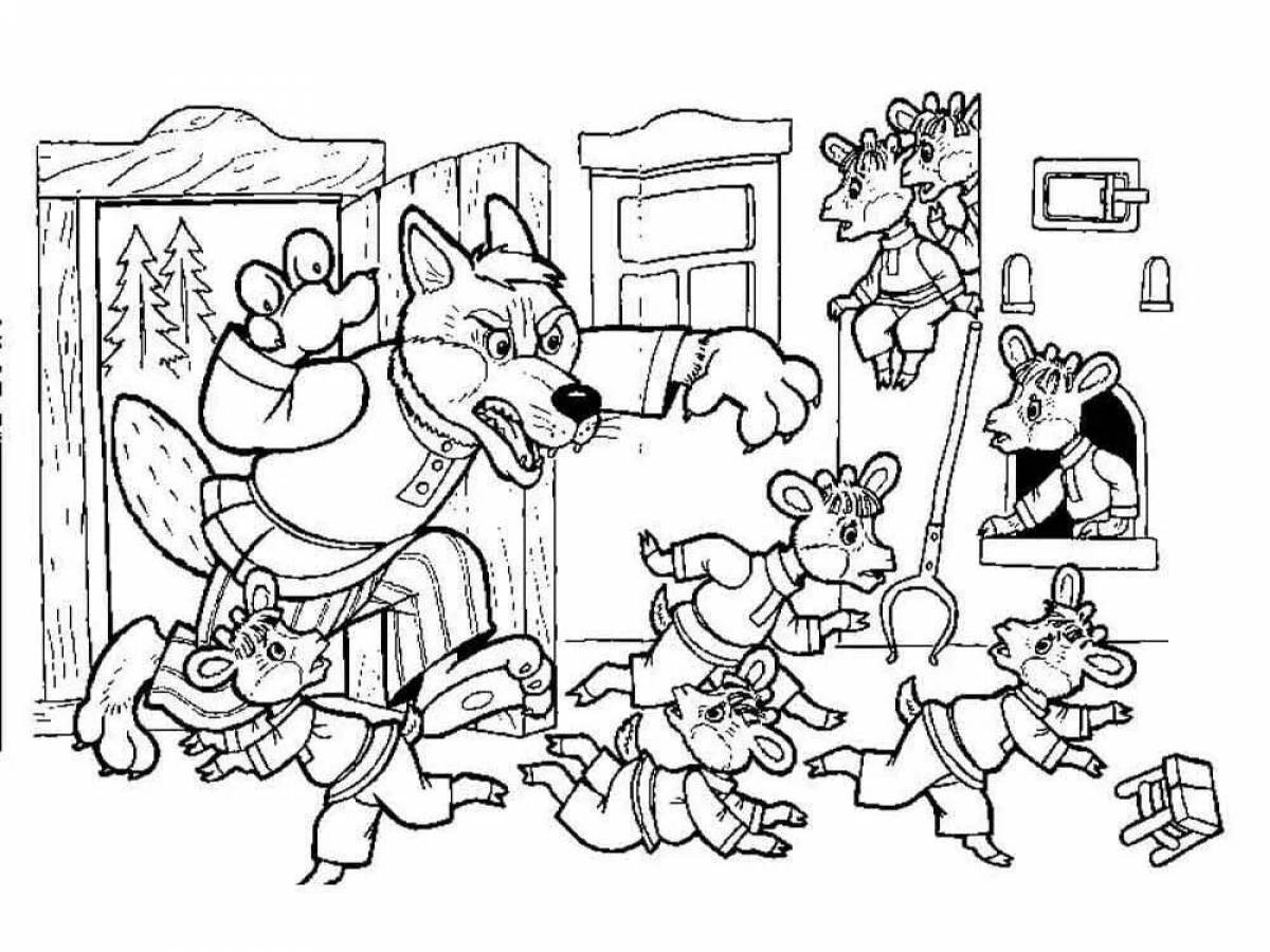 Coloring book radiant wolf and seven kids